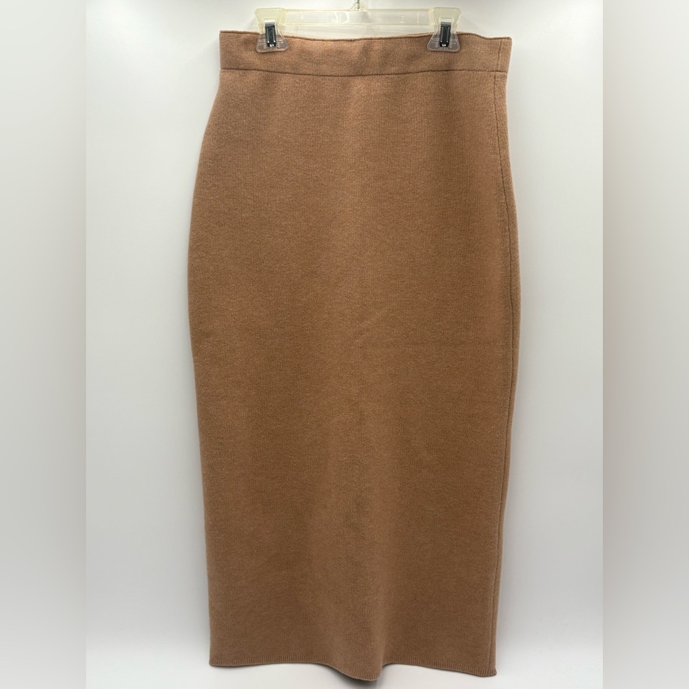 Aritzia Babaton Tan Knit Midi Pencil Skirt High Waist Back Slit Minimalist M - Picture 6 of 13
